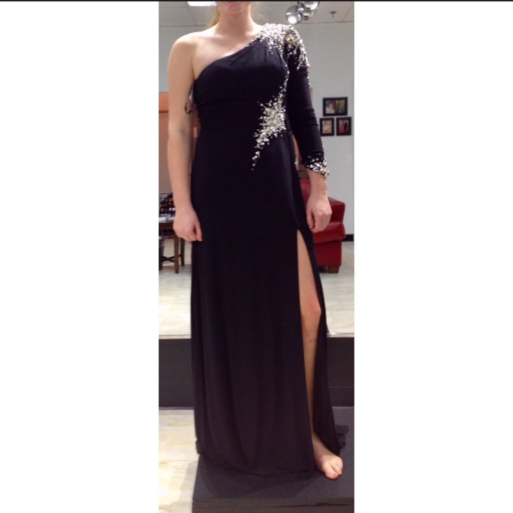 Black Jovani one shoulder jewel beaded prom dress